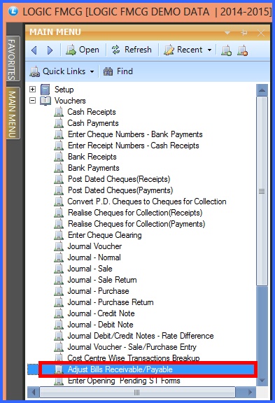 fmcg adjust bills receivable payable menu